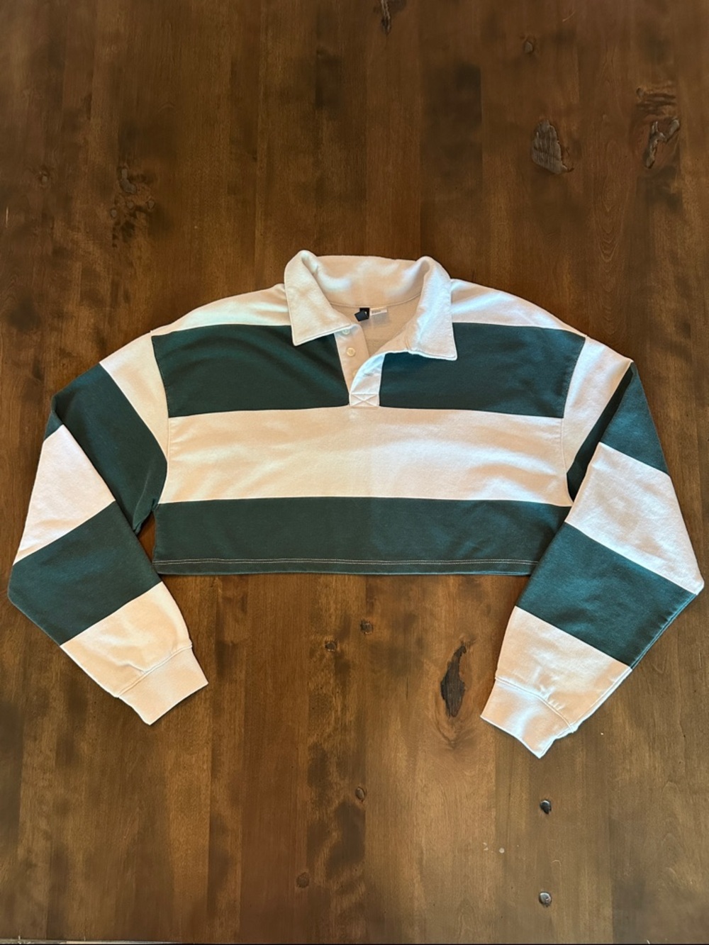Divided Green & White Striped Cropped Rugby Polo